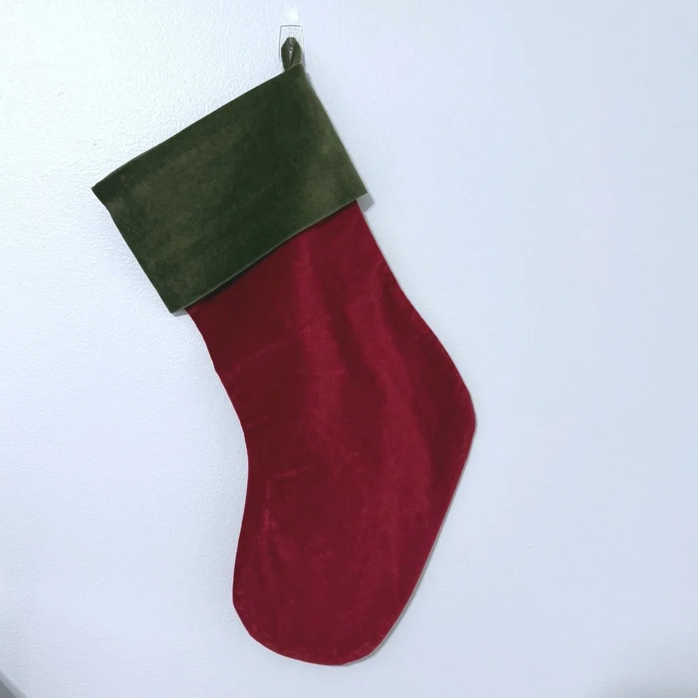 Pottery Barn Christmas Stocking Red Velvet Olive Green Cuff Cotton